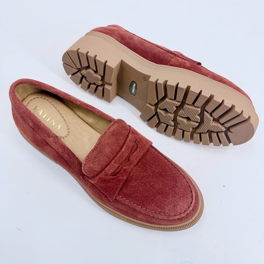 PORTLAND LEATHER Zoe Chunky Penny Loafer Lug Sole Suede in Rust - Picture 2 of 10